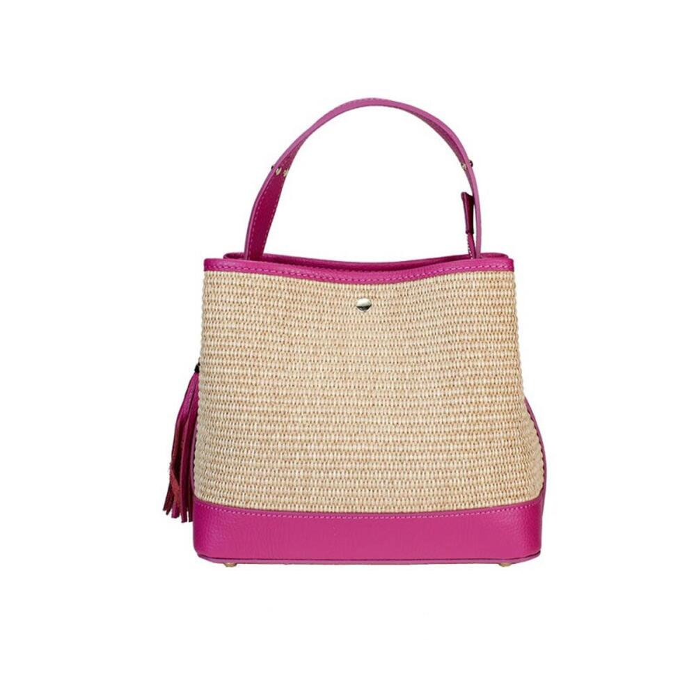 Stylish Woven Raffia and Italian Leather Tote Bag with Fuchsica Accents